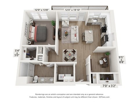 Floor plan for 1 bed, 1 bath, 894 sqft